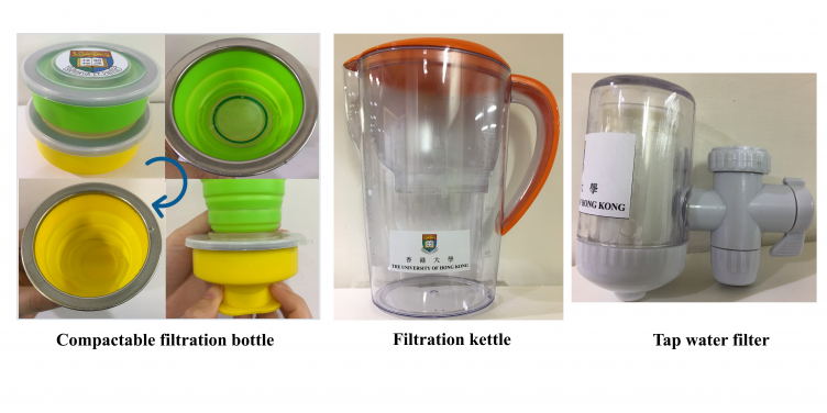 Nanofibrous membrane product prototypes: compactable filtration bottle, filtration kettle and tap water filter.
